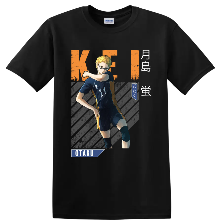 Kei Tsukishima volleyball anime graphic with Karasuno number 11 and OTaku text on a Black T Shirt