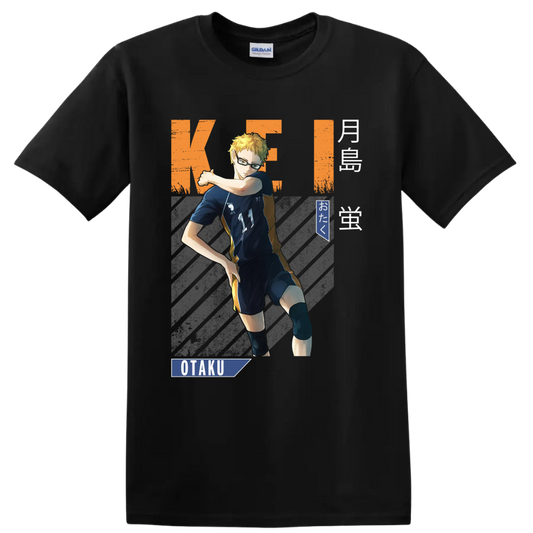 Kei Tsukishima volleyball anime graphic with Karasuno number 11 and OTaku text on a Black T Shirt