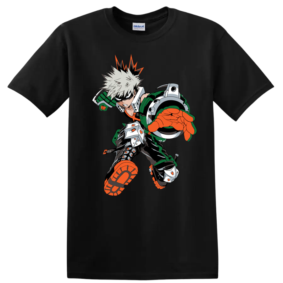 Katsuki Bakugo as Dynamight in a bold forward-charging anime action graphic on a Black T Shirt