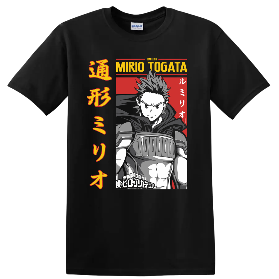 Mirio Togata Lemillion manga-style hero portrait with bold Japanese-inspired typography on a Black T Shirt