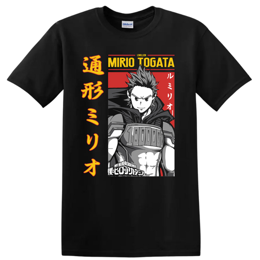 Mirio Togata Lemillion manga-style hero portrait with bold Japanese-inspired typography on a Black T Shirt