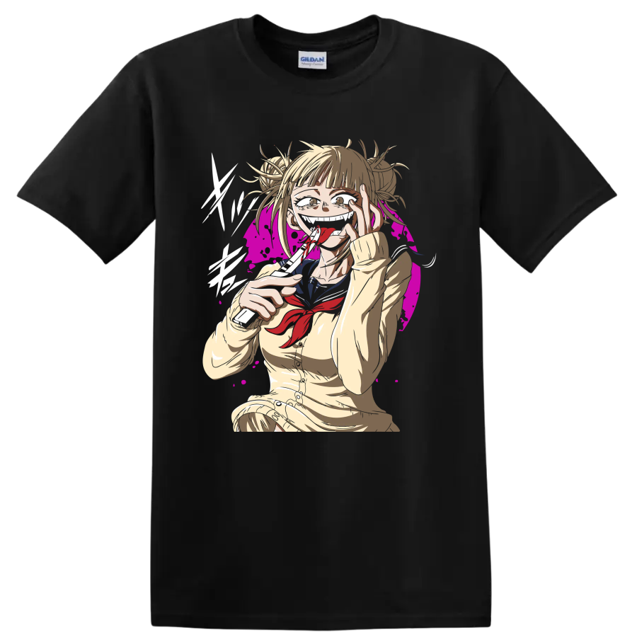 Himiko Toga anime illustration with blood accents and magenta splatter backdrop on a Black T Shirt
