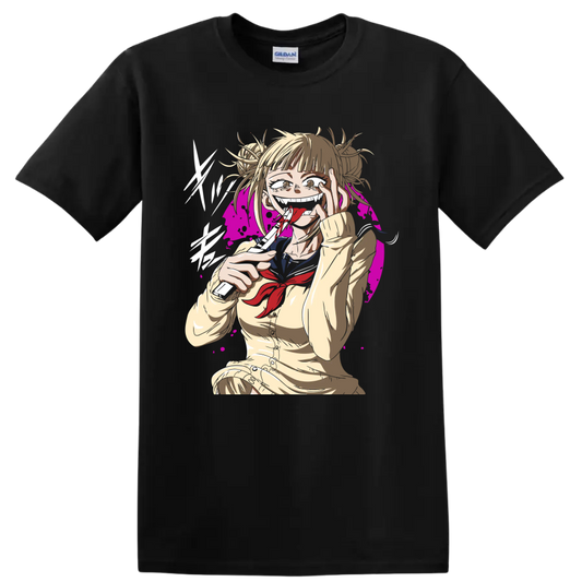 Himiko Toga anime illustration with blood accents and magenta splatter backdrop on a Black T Shirt
