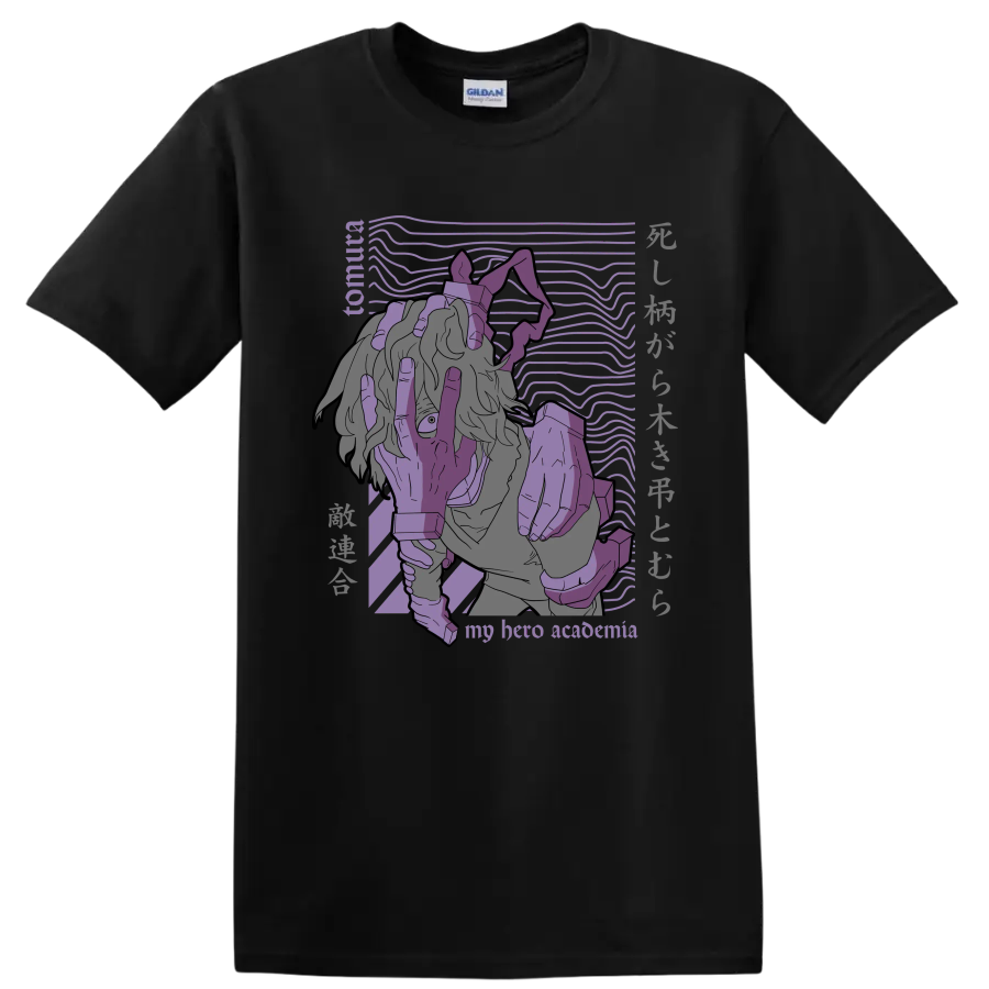 Tomura Shigaraki purple manga-style portrait with signature hand imagery on a Black T Shirt