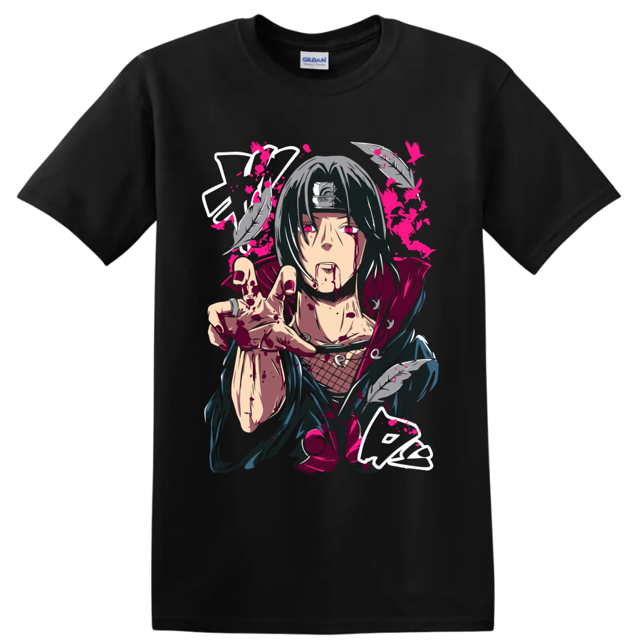 Itachi Uchiha dark manga portrait with feathers, crimson splatter, and pink accents on a Black T Shirt