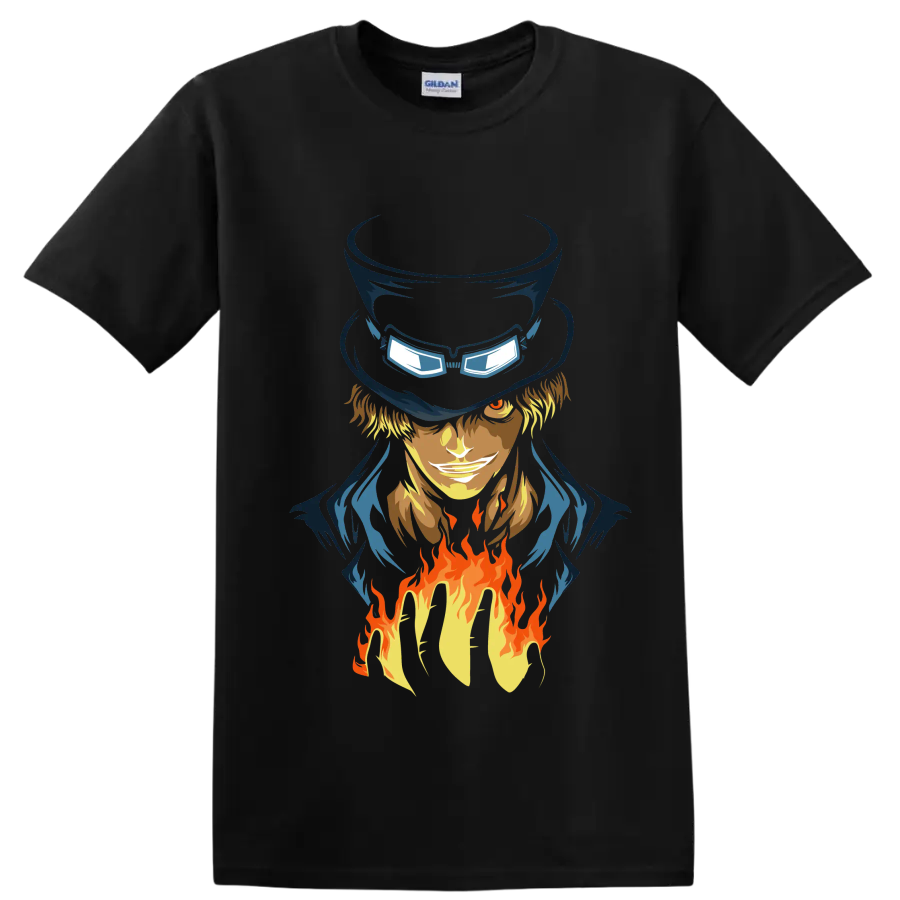 Sabo One Piece anime portrait with tall hat, goggles, blue coat, and rising flames on a Black T Shirt