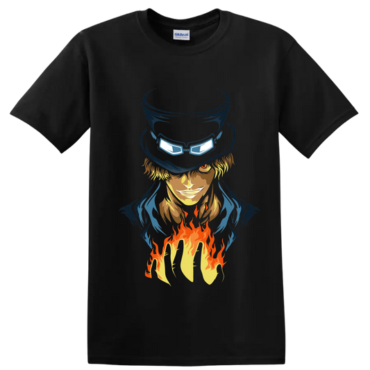 Sabo One Piece anime portrait with tall hat, goggles, blue coat, and rising flames on a Black T Shirt