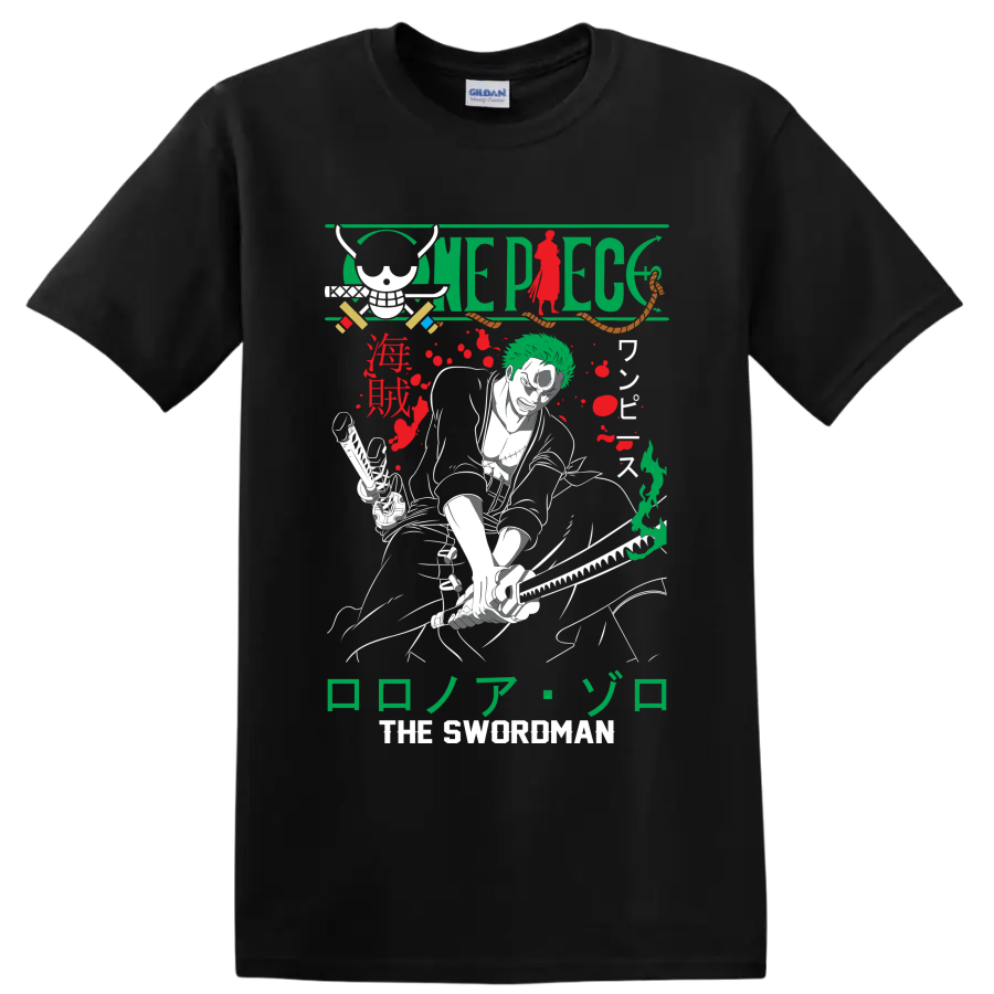Roronoa Zoro One Piece manga swordsman graphic with skull, swords, and Japanese lettering on a Black T Shirt