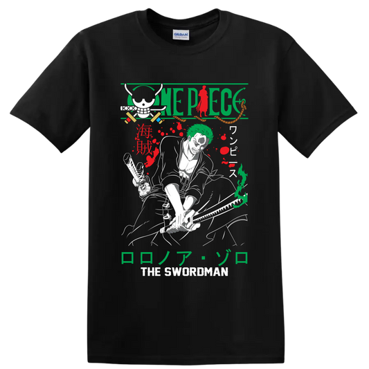 Roronoa Zoro One Piece manga swordsman graphic with skull, swords, and Japanese lettering on a Black T Shirt