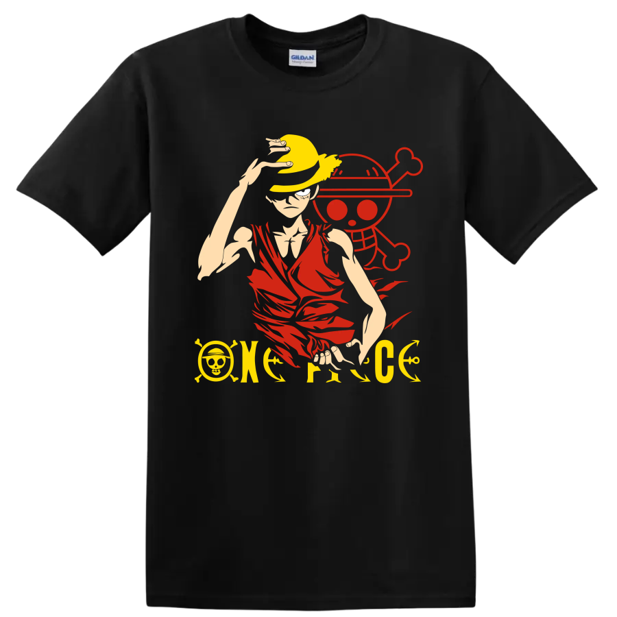 Monkey D. Luffy in a straw hat before a pirate skull anime graphic on a Black T Shirt