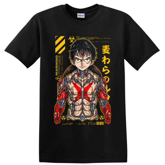 Monkey D. Luffy cyborg mecha manga portrait with red armor and yellow technical accents on a Black T Shirt