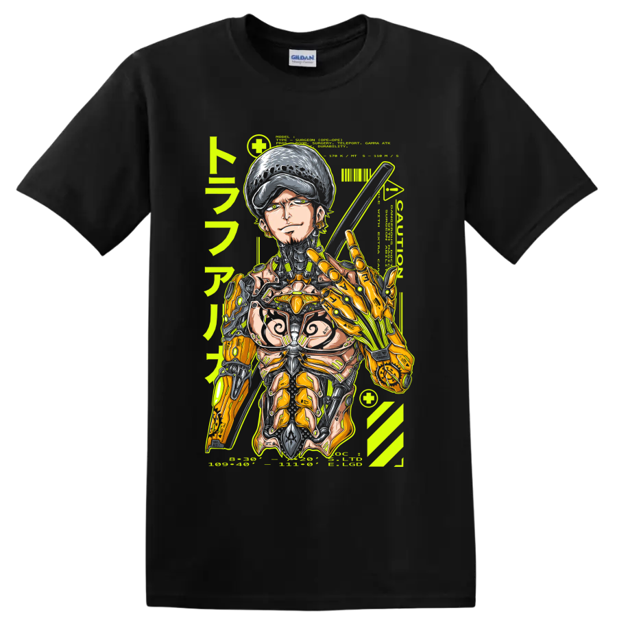 Trafalgar Law cyborg mecha manga graphic with sword and mechanical armor on a Black T Shirt