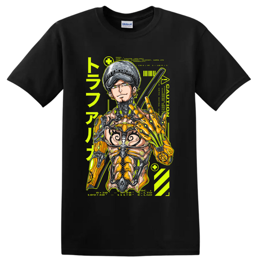 Trafalgar Law cyborg mecha manga graphic with sword and mechanical armor on a Black T Shirt