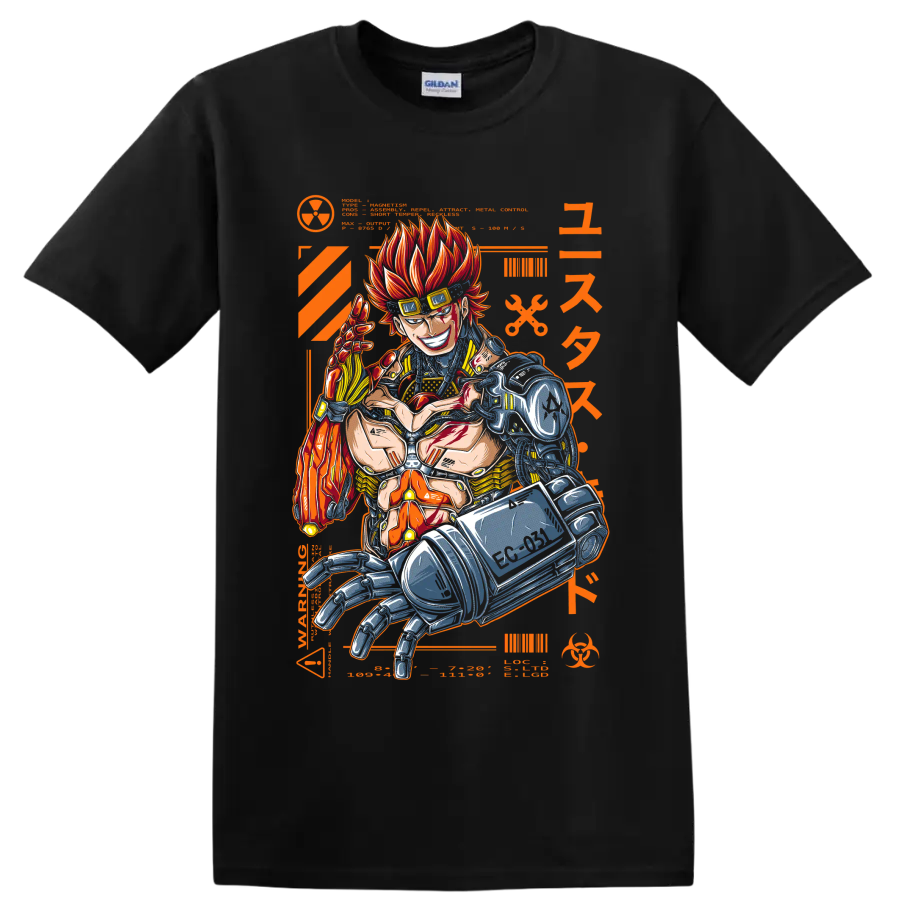 Eustass Kid with mechanical arm in fiery orange cyberpunk manga graphic on a Black T Shirt