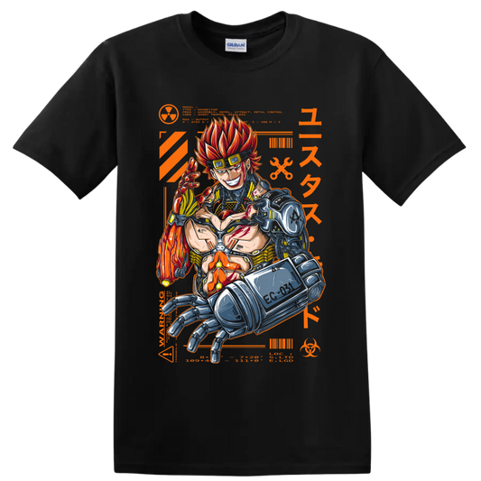 Eustass Kid with mechanical arm in fiery orange cyberpunk manga graphic on a Black T Shirt