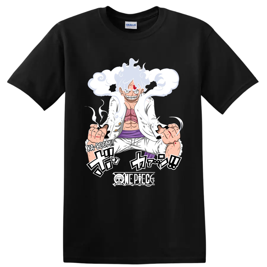 Monkey D. Luffy Gear 5 manga action art with swirling cloud effects on a Black T Shirt
