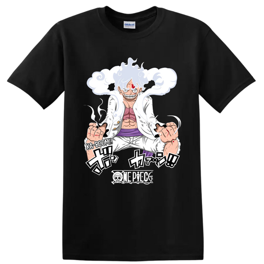 Monkey D. Luffy Gear 5 manga action art with swirling cloud effects on a Black T Shirt