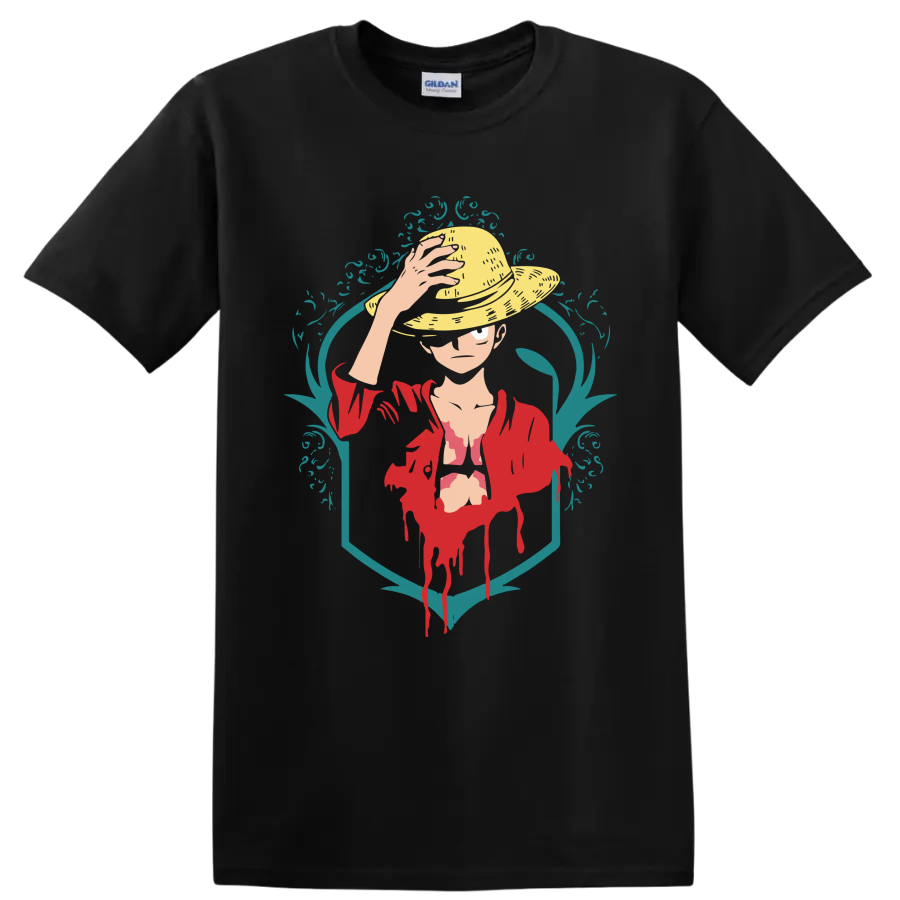 Monkey D. Luffy straw hat portrait in red jacket with teal ornamental graphic frame on a Black T Shirt