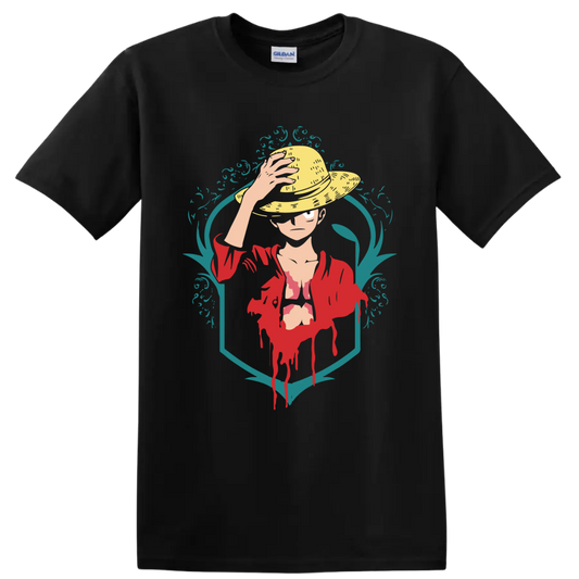 Monkey D. Luffy straw hat portrait in red jacket with teal ornamental graphic frame on a Black T Shirt