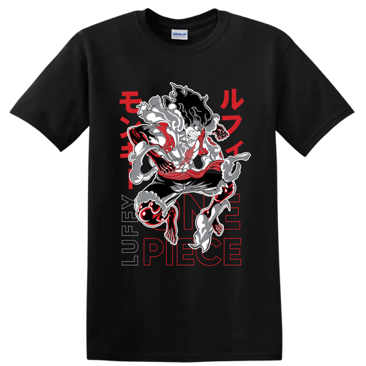 Monkey D. Luffy Gear 4 Snakeman manga-style action graphic with smoke effects on a Black T Shirt