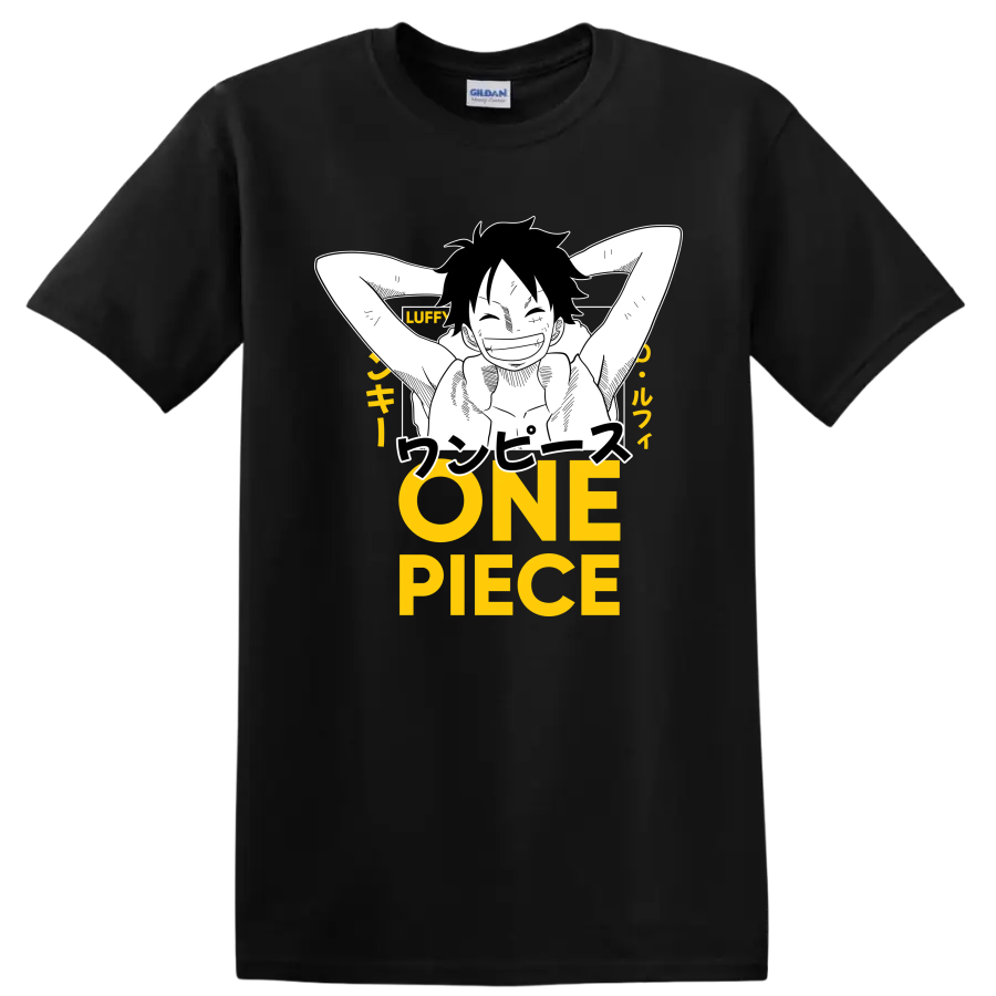 Monkey D. Luffy relaxed manga line art with Japanese text and yellow ONE PIECE lettering on a Black T Shirt