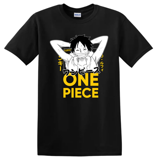 Monkey D. Luffy relaxed manga line art with Japanese text and yellow ONE PIECE lettering on a Black T Shirt