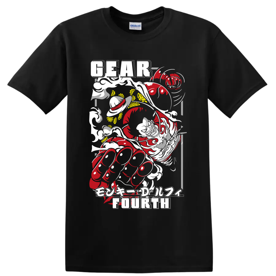 Monkey D. Luffy Gear Fourth distressed red and gray manga action graphic on a Black T Shirt