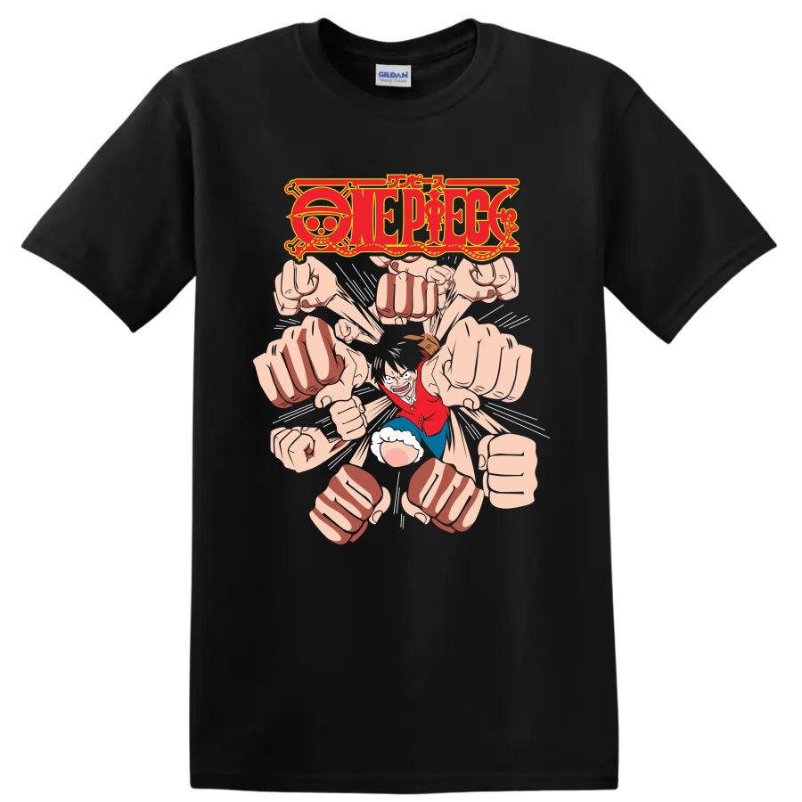Monkey D. Luffy Gomu Gomu no Gatling manga graphic with One Piece logo and flying fists on a Black T Shirt