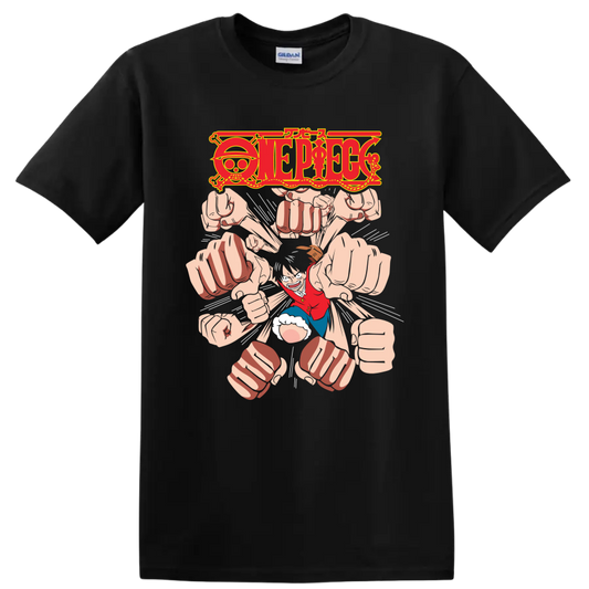 Monkey D. Luffy Gomu Gomu no Gatling manga graphic with One Piece logo and flying fists on a Black T Shirt