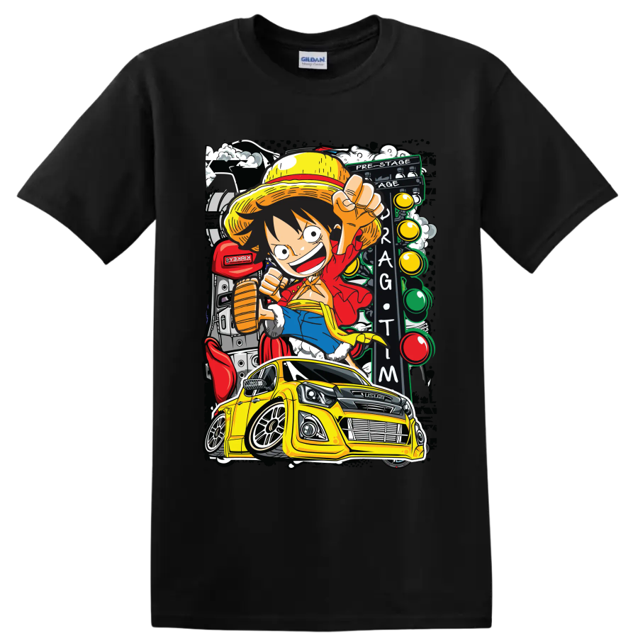Monkey D. Luffy anime art with yellow Isuzu pickup and Thailook racing scene on a Black T Shirt