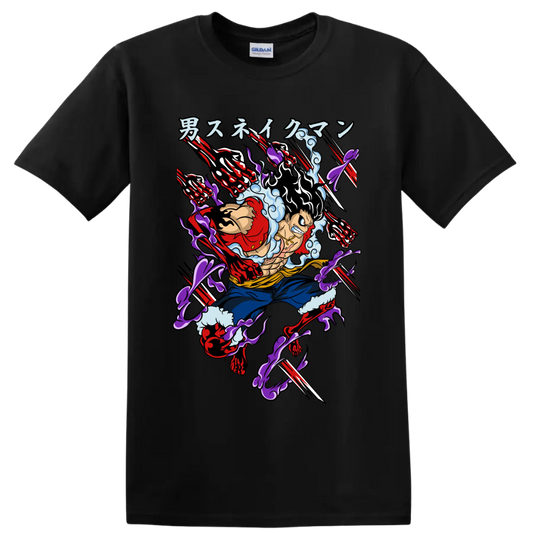 Monkey D. Luffy Gear 4 Snakeman anime-style action graphic with extended arms on a Black T Shirt