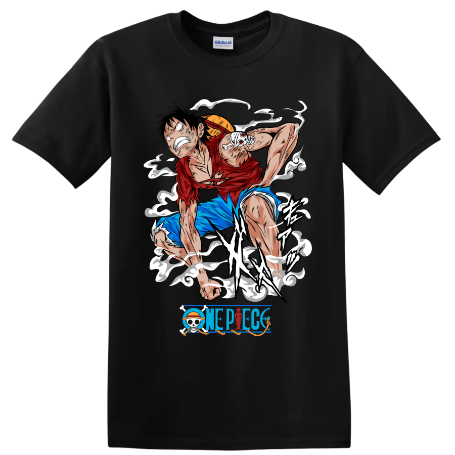 Monkey D. Luffy Gear 2 action graphic with steam effects and One Piece logo on a Black T Shirt