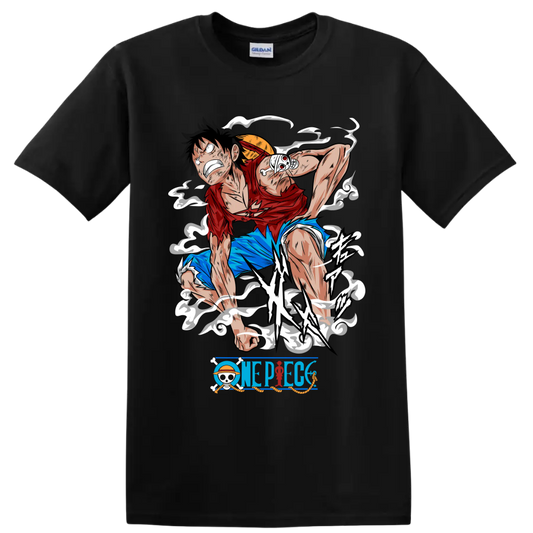 Monkey D. Luffy Gear 2 action graphic with steam effects and One Piece logo on a Black T Shirt