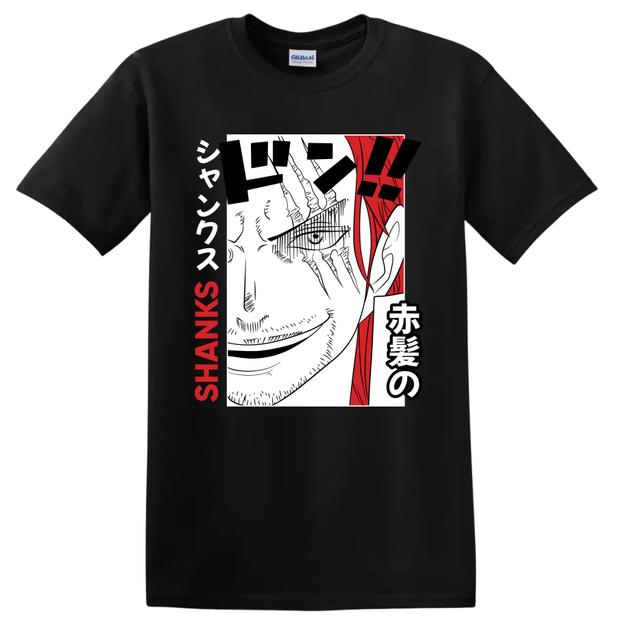 Shanks One Piece manga portrait with red hair, Japanese lettering, and SHANKS text on a Black T Shirt