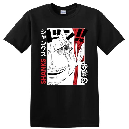 Shanks One Piece manga portrait with red hair, Japanese lettering, and SHANKS text on a Black T Shirt