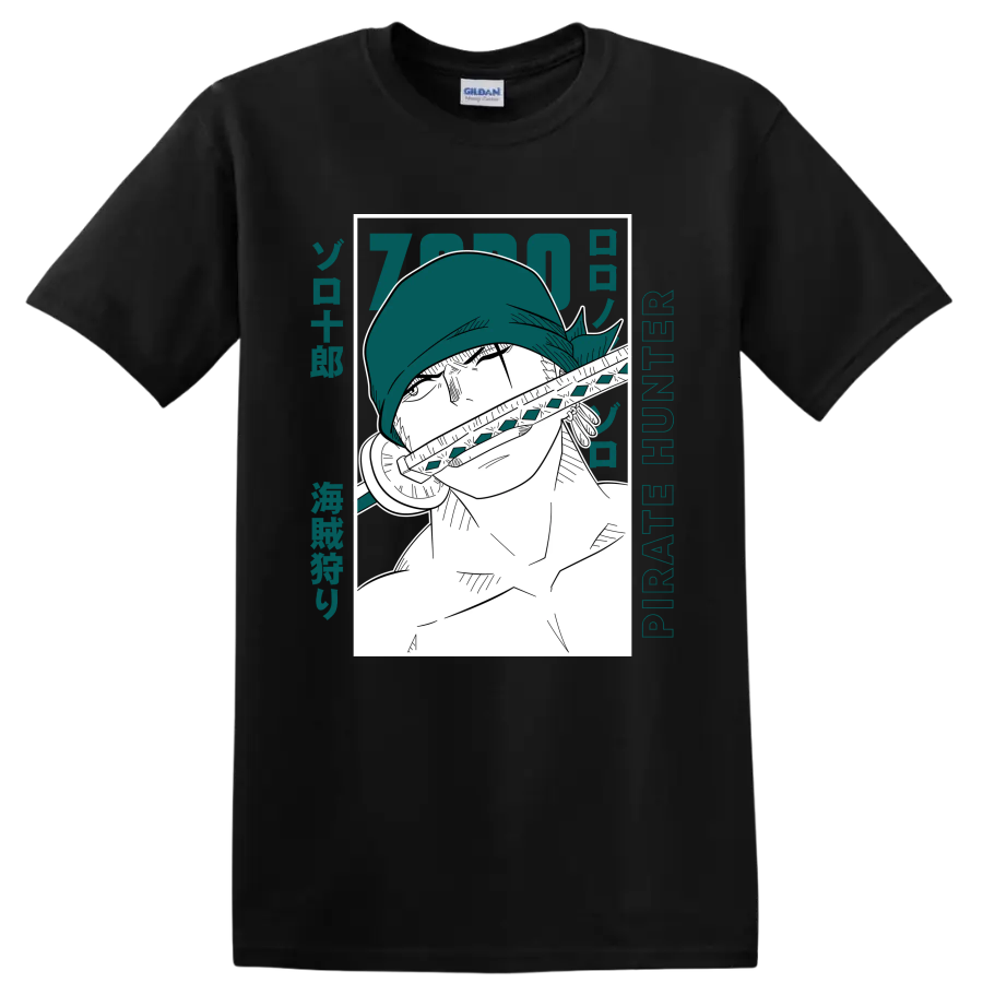 Roronoa Zoro Pirate Hunter manga portrait with sword and teal Japanese-style lettering on a Black T Shirt