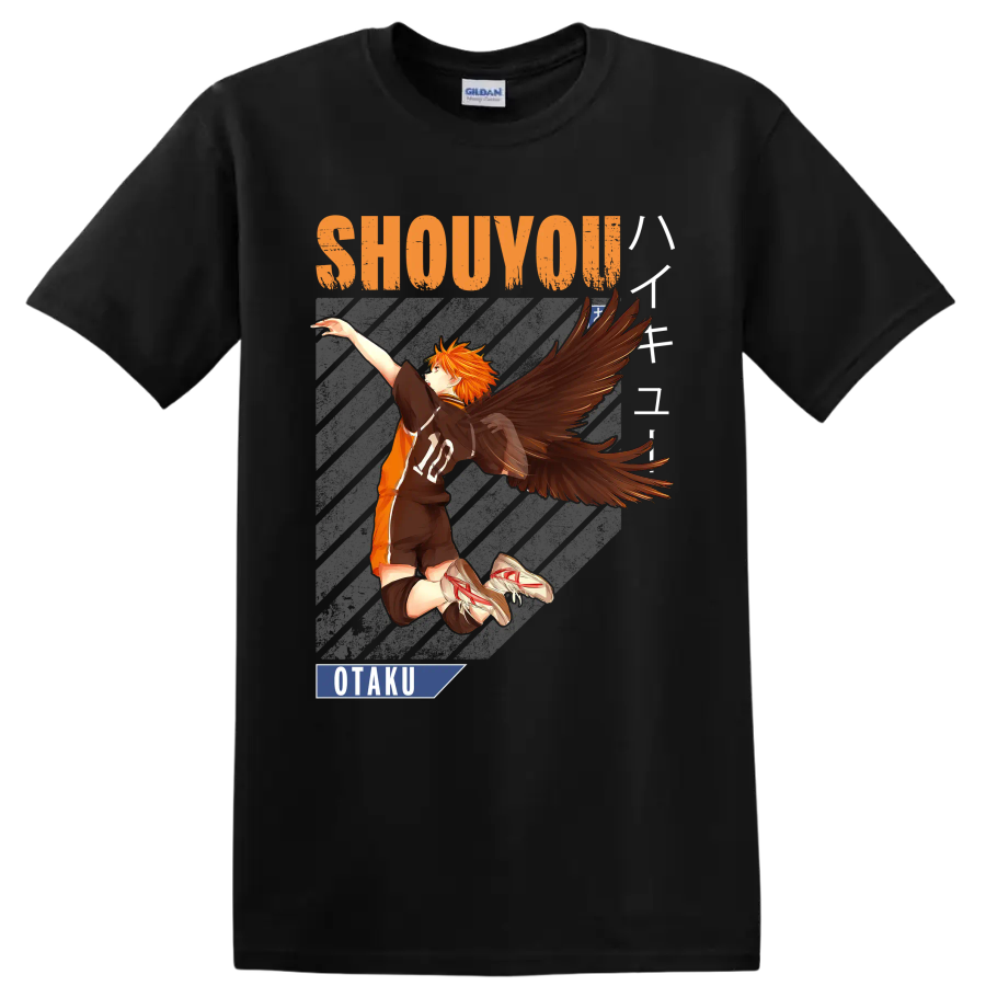 Shoyo Hinata winged volleyball anime graphic with Shouyou and Otaku text on a Black T Shirt