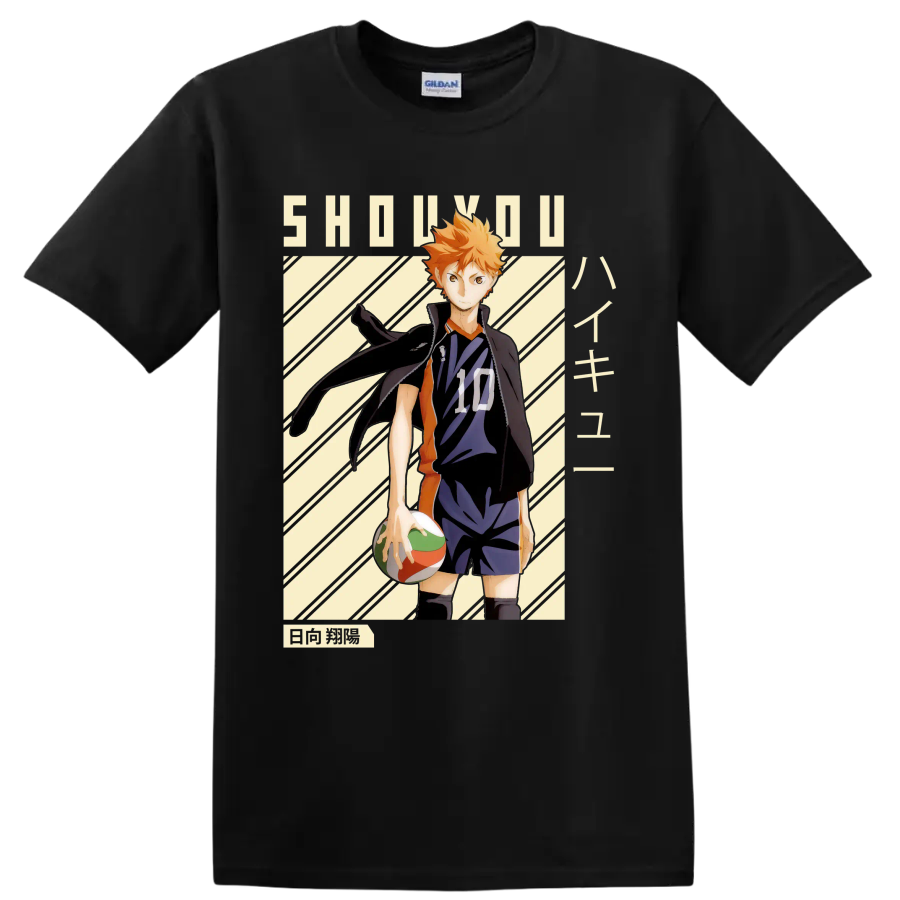 Shoyo Hinata in Karasuno number 10 uniform with volleyball manga-style graphic on a Black T Shirt