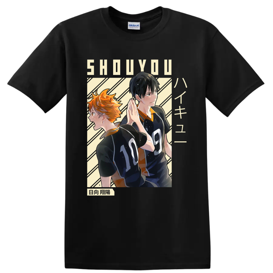 Anime-style Shoyo Hinata and Tobio Kageyama in Karasuno volleyball uniforms on a Black T Shirt