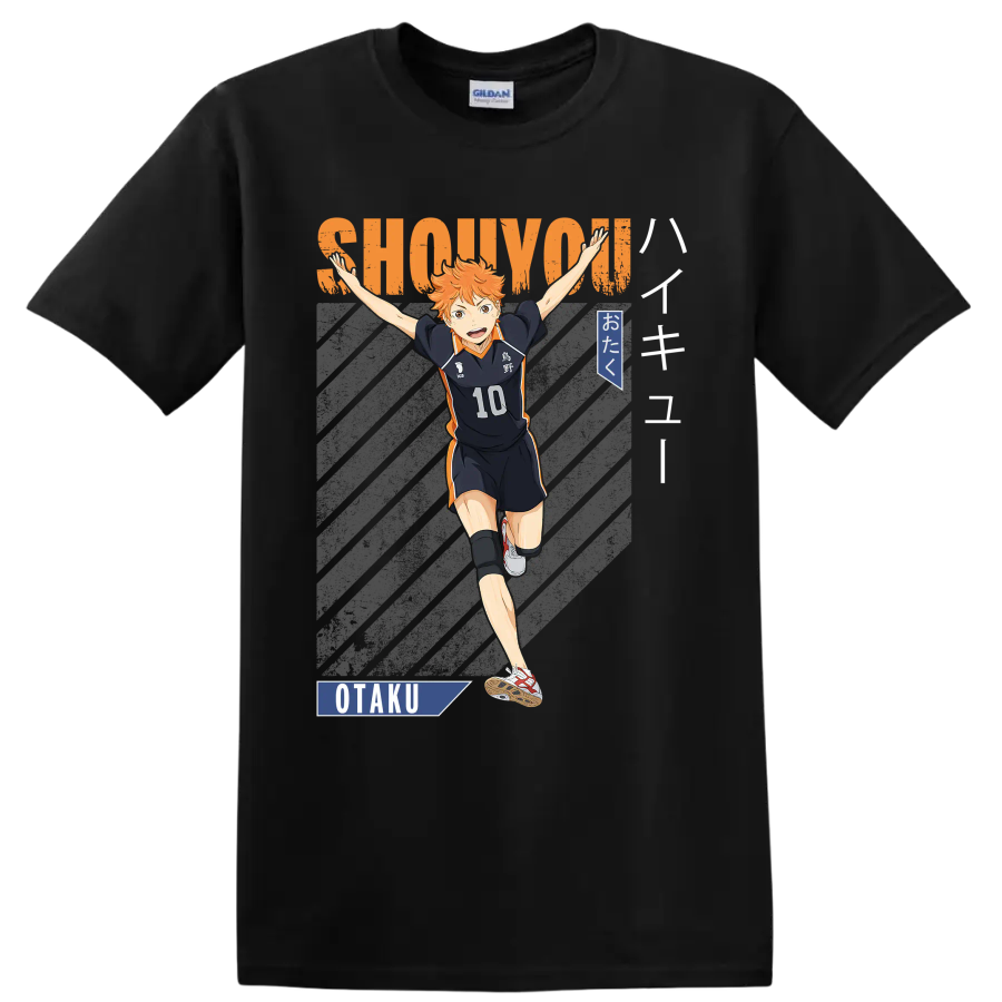 Shoyo Hinata in Karasuno No. 10 uniform with SHOUYOU lettering and otaku graphics on a Black T Shirt