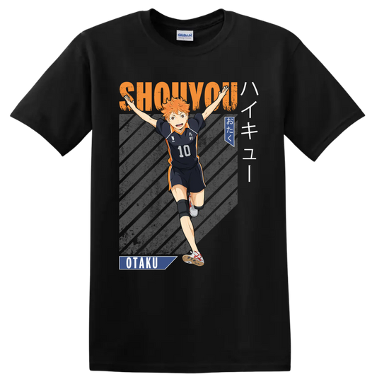 Shoyo Hinata in Karasuno No. 10 uniform with SHOUYOU lettering and otaku graphics on a Black T Shirt