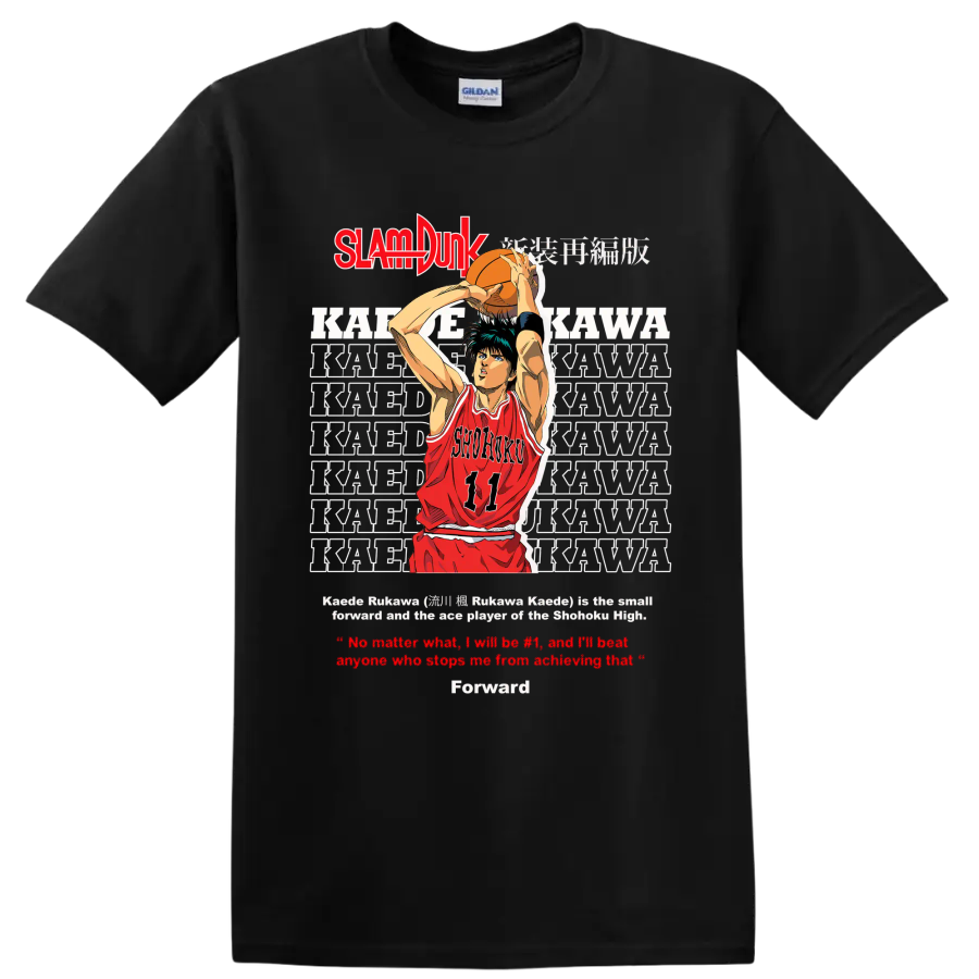Kaede Rukawa Slam Dunk manga basketball shooter graphic with Shohoku number 11 jersey on a Black T Shirt