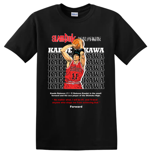 Kaede Rukawa Slam Dunk manga basketball shooter graphic with Shohoku number 11 jersey on a Black T Shirt
