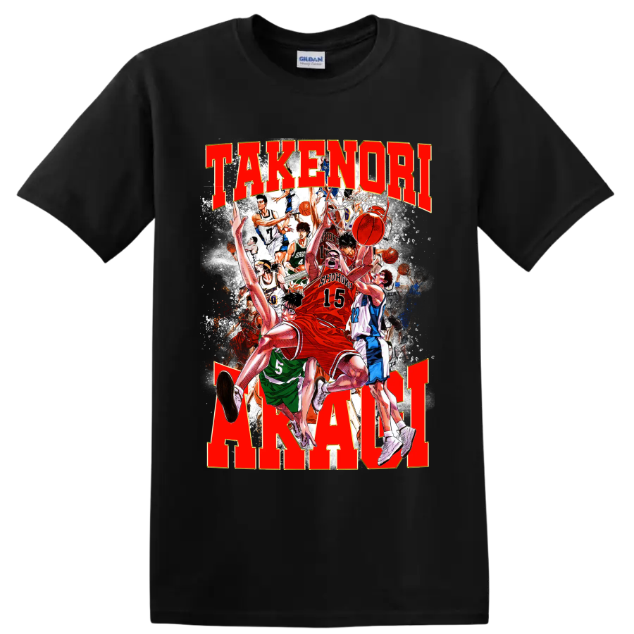 Hanamichi Sakuragi and Shohoku Slam Dunk manga basketball action collage on a Black T Shirt