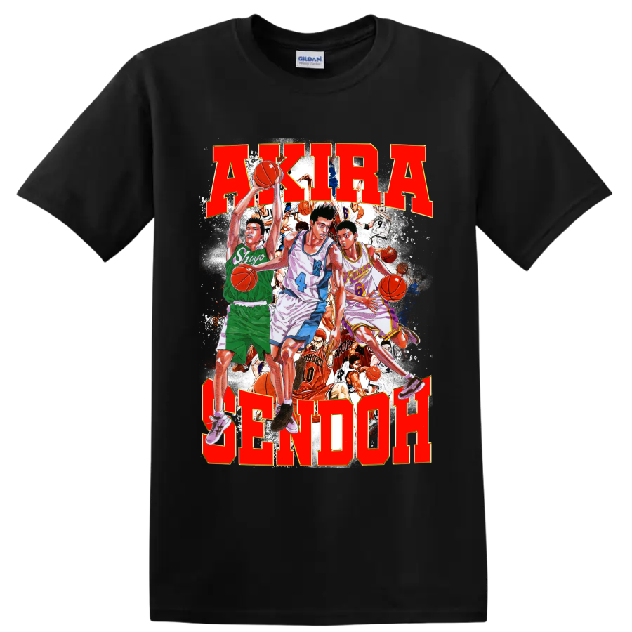 Slam Dunk manga collage with Sendoh, Fujima, Sakuragi and bold AKIRA SENDOH text on a Black T Shirt
