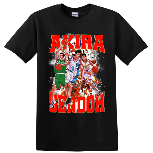 Slam Dunk manga collage with Sendoh, Fujima, Sakuragi and bold AKIRA SENDOH text on a Black T Shirt