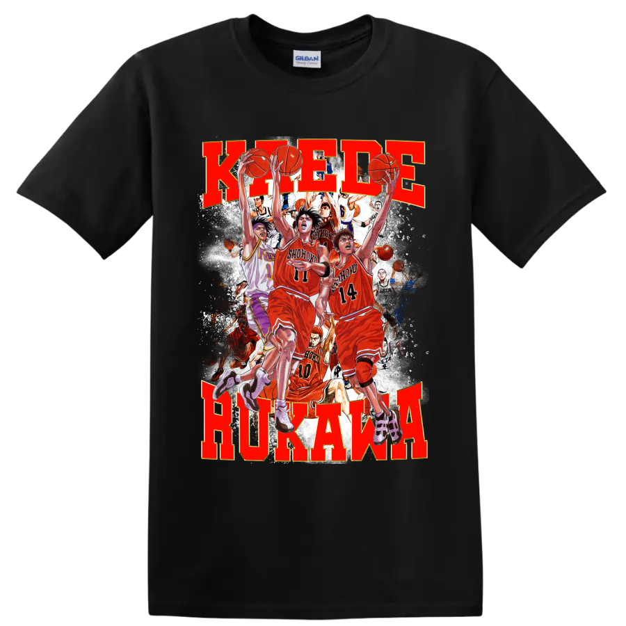 Kaede Rukawa Slam Dunk manga-style Shohoku basketball action collage on a Black T Shirt