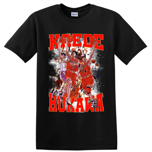Kaede Rukawa Slam Dunk manga-style Shohoku basketball action collage on a Black T Shirt