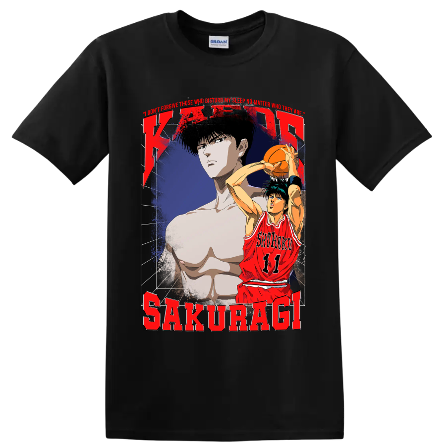 Kaede Rukawa Slam Dunk distressed Shohoku 11 basketball anime graphic on a Black T Shirt