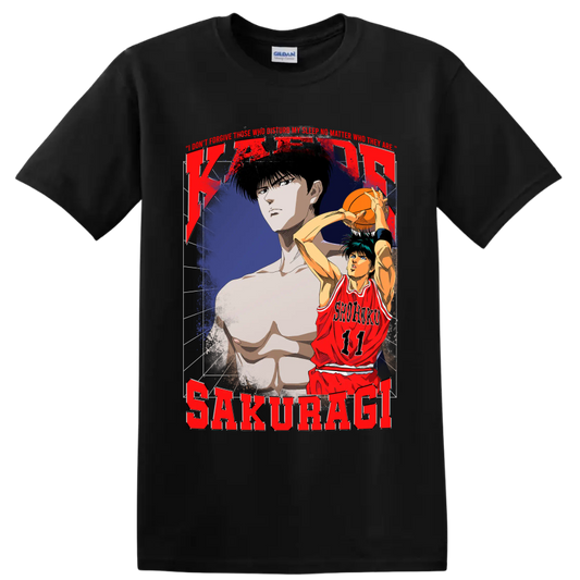 Kaede Rukawa Slam Dunk distressed Shohoku 11 basketball anime graphic on a Black T Shirt